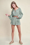Gauze Fabric Casual Two-Piece Crop Top & Bottoms Outfit Set | Sage