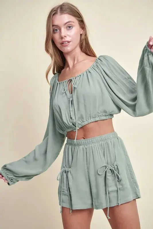 Gauze Fabric Casual Two-Piece Crop Top & Bottoms Outfit Set | Sage