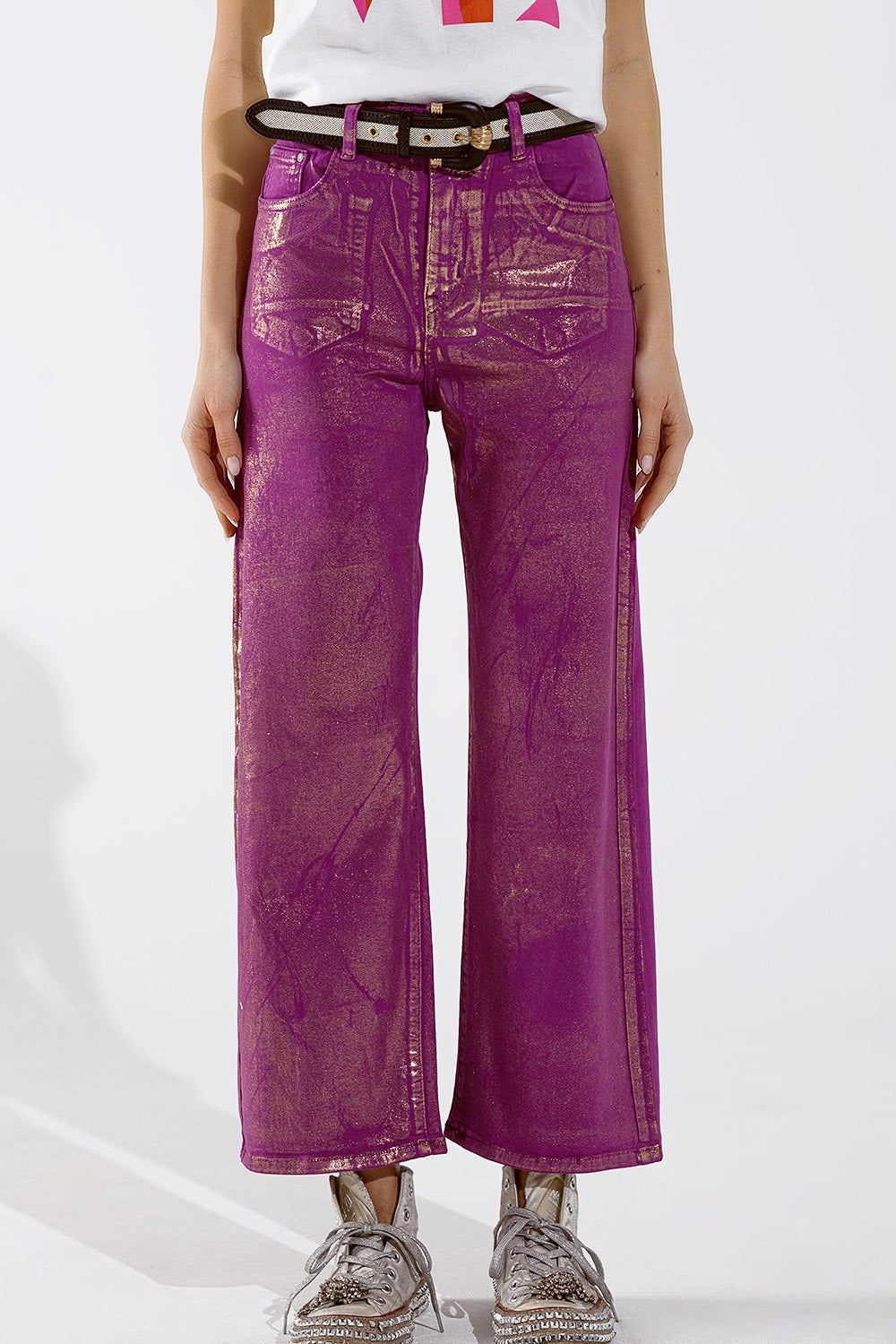 Magenta Wide Leg Jeans with Metallic Finish in Gold