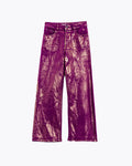 Magenta Wide Leg Jeans with Metallic Finish in Gold