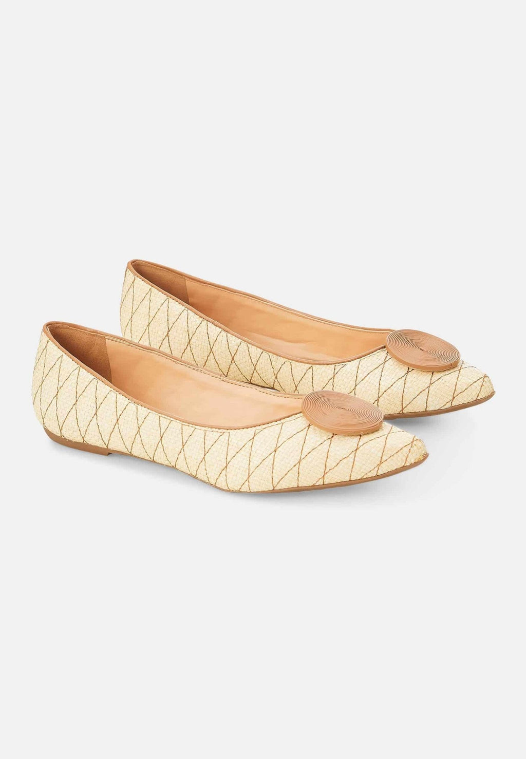 Beige Raffia Ballerina Flats with Textured Detail