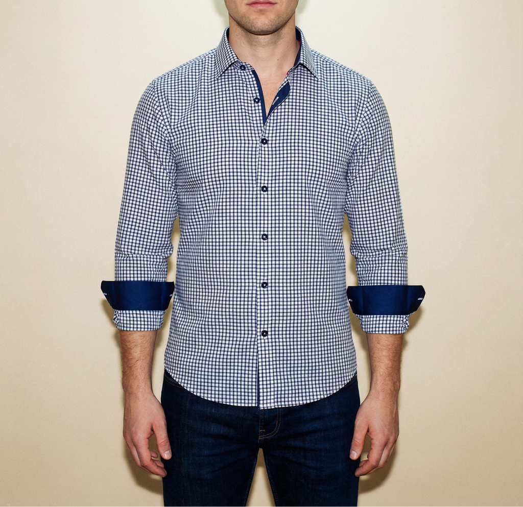 Michael Button-Up Shirt with Contrast Details in Navy Check | Contemporary Fit (Regular)
