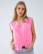 Mao Collar Sleeveless Pink Button-Up Blouse