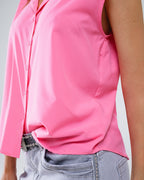Mao Collar Sleeveless Pink Button-Up Blouse