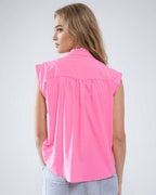 Mao Collar Sleeveless Pink Button-Up Blouse