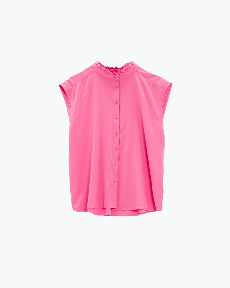 Mao Collar Sleeveless Pink Button-Up Blouse