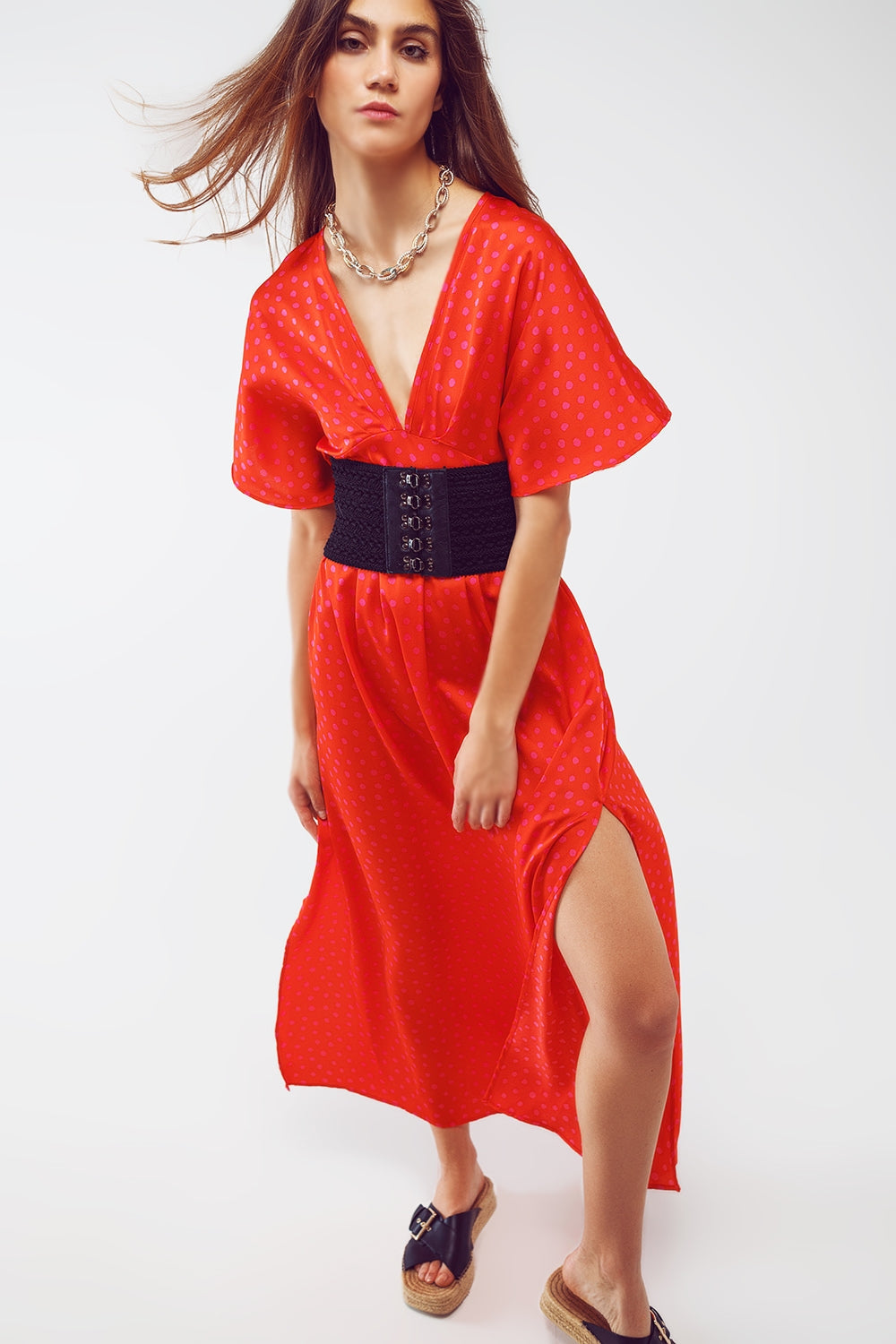 Maxi Cinched at the Waist Dress with Angel Sleeves in Red Polka Dot