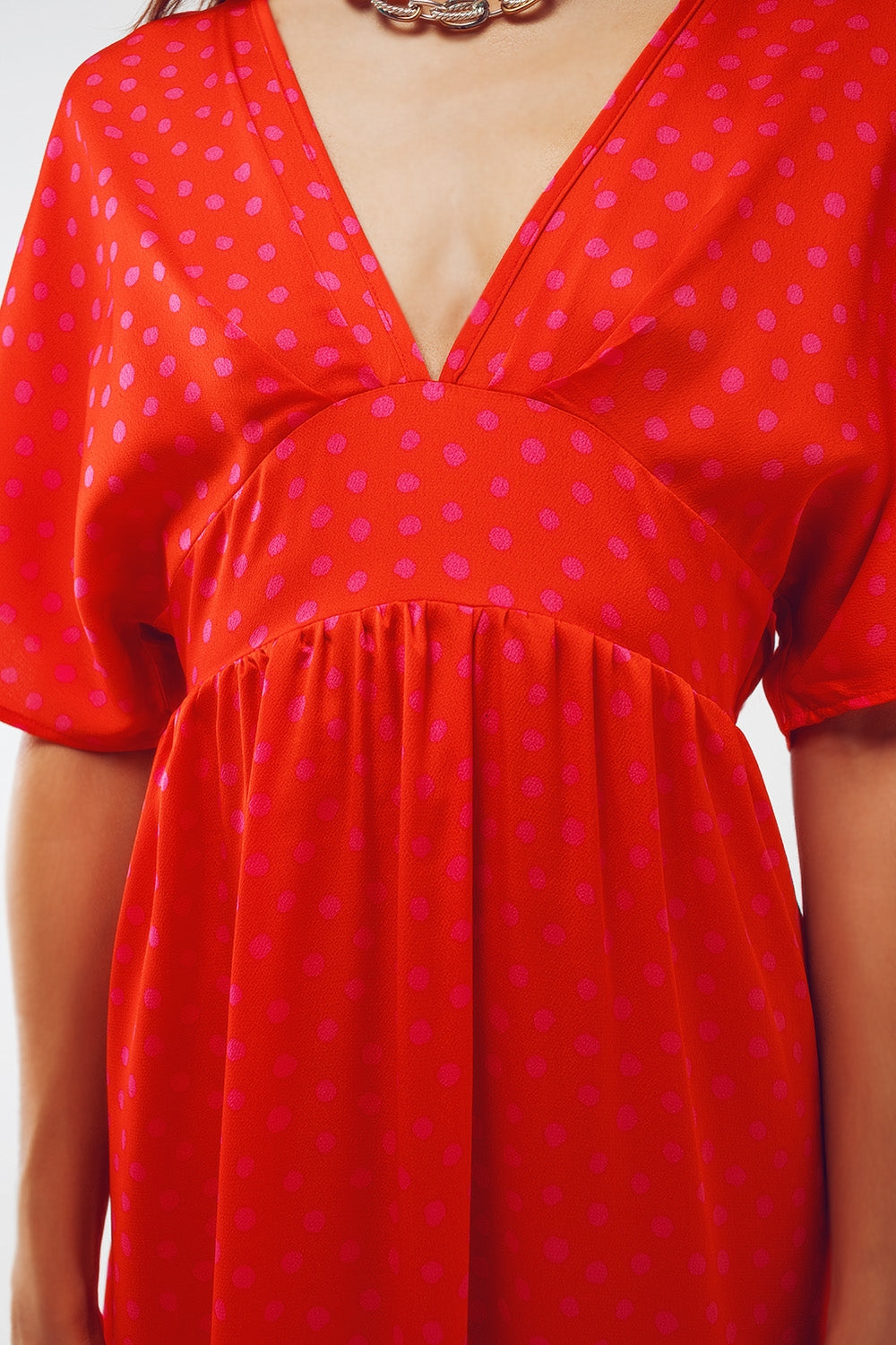Maxi Cinched at the Waist Dress with Angel Sleeves in Red Polka Dot