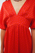 Maxi Cinched at the Waist Dress with Angel Sleeves in Red Polka Dot