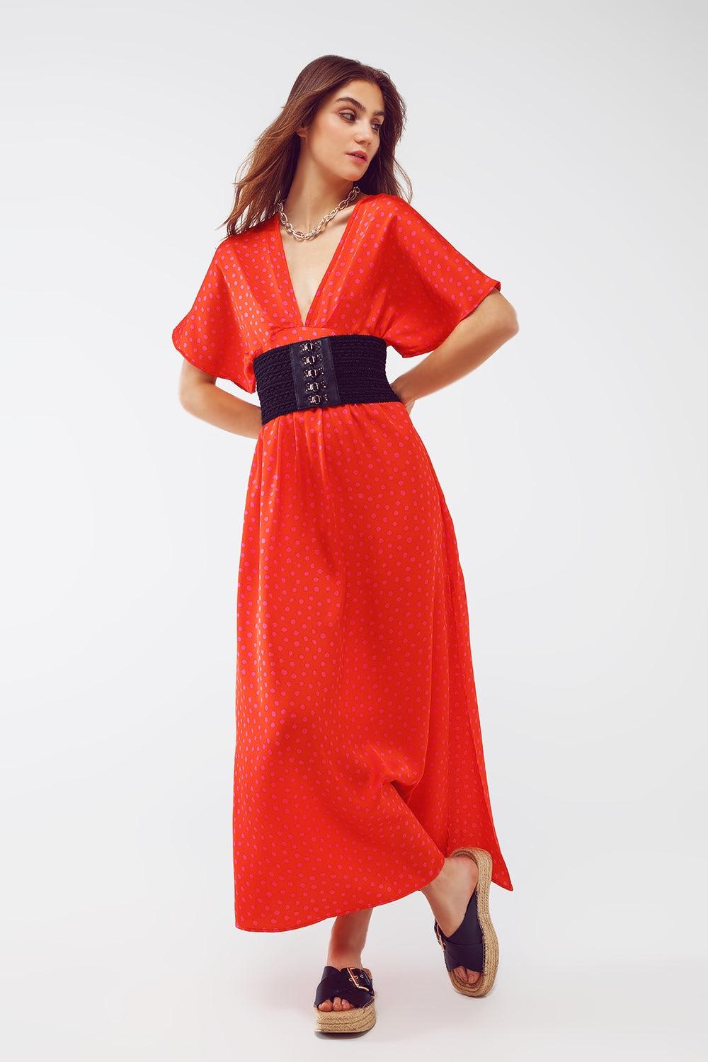 Maxi Cinched at the Waist Dress with Angel Sleeves in Red Polka Dot
