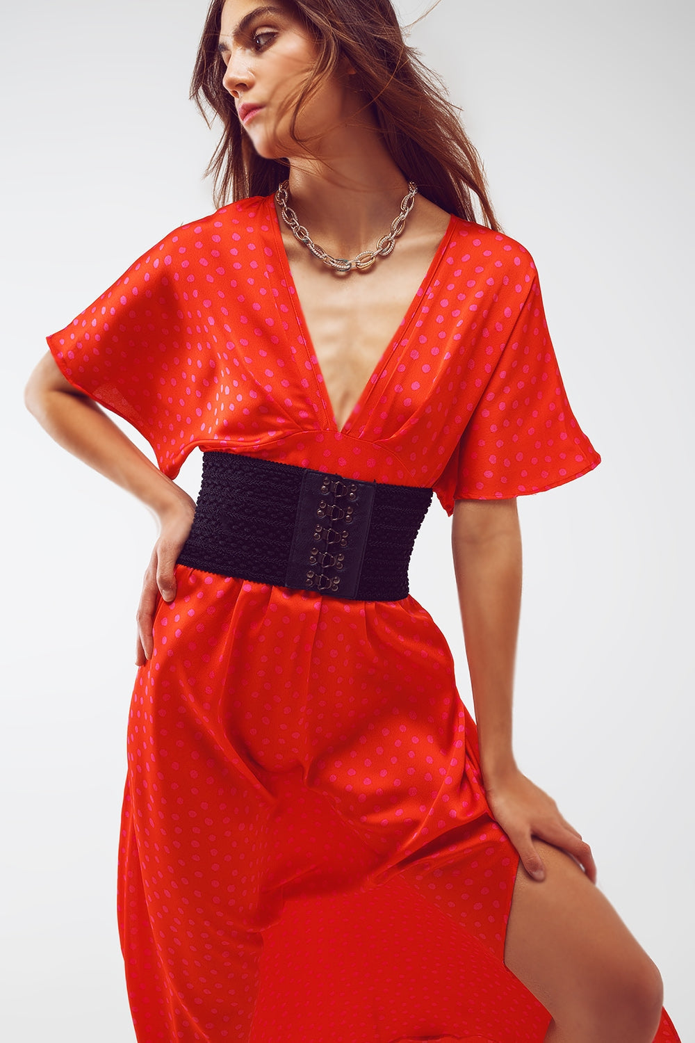 Maxi Cinched at the Waist Dress with Angel Sleeves in Red Polka Dot