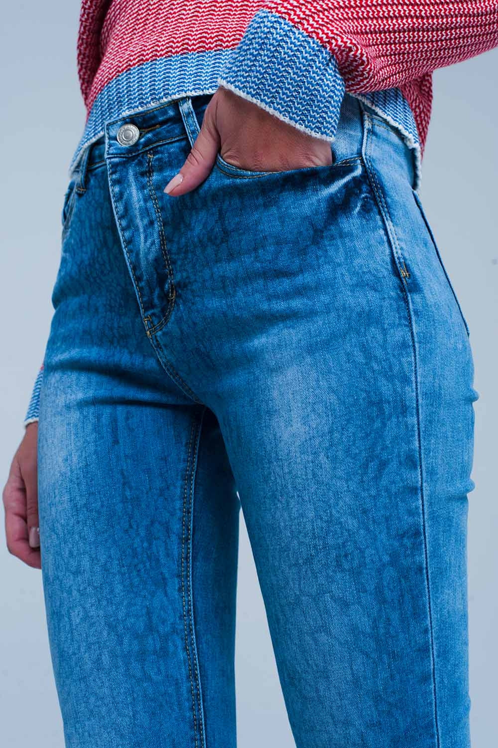 Medium Wash Skinny Jeans with Leopard Print
