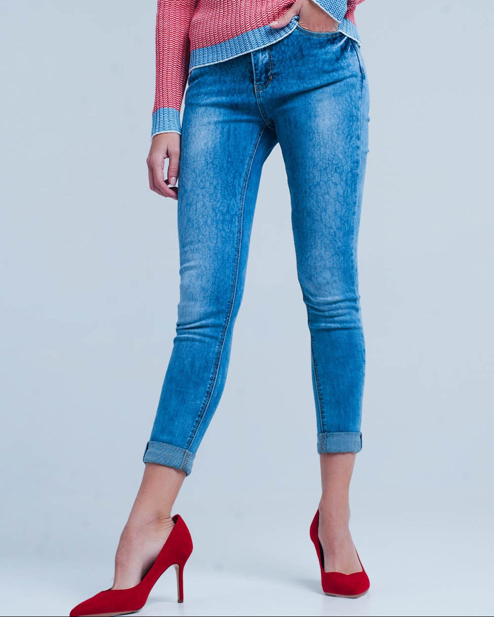 Medium Wash Skinny Jeans with Leopard Print
