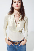 Metallic Finish Bodysuit with Draped Details in Pearl White