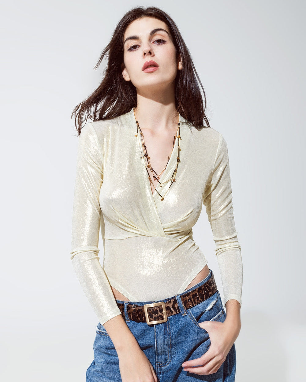 Metallic Finish Bodysuit with Draped Details in Pearl White