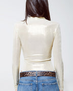 Metallic Finish Bodysuit with Draped Details in Pearl White