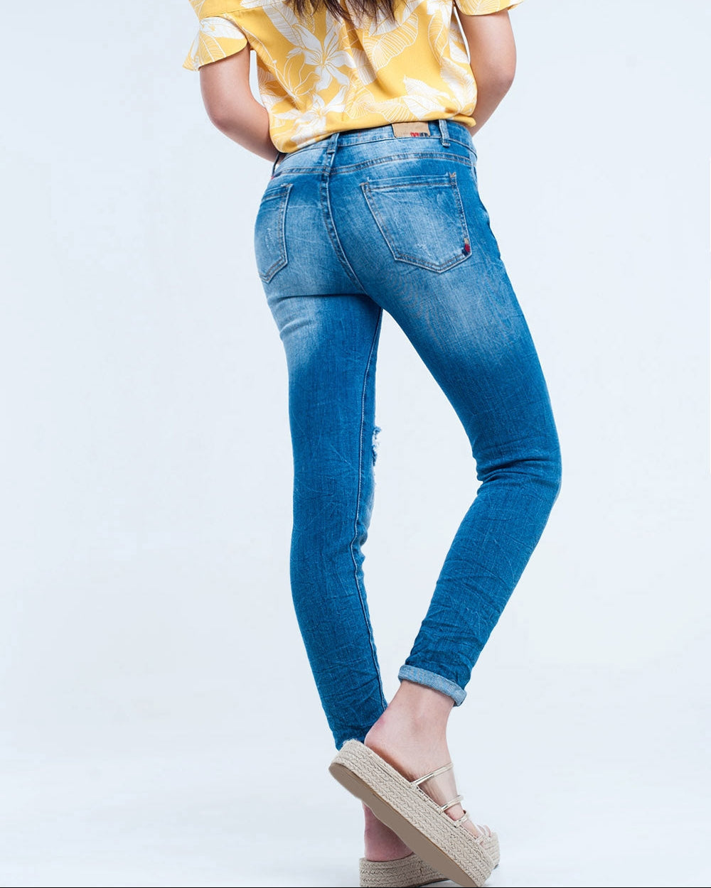 Mid Wash Fitted Jeans with Rips