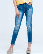 Mid Wash Fitted Jeans with Rips
