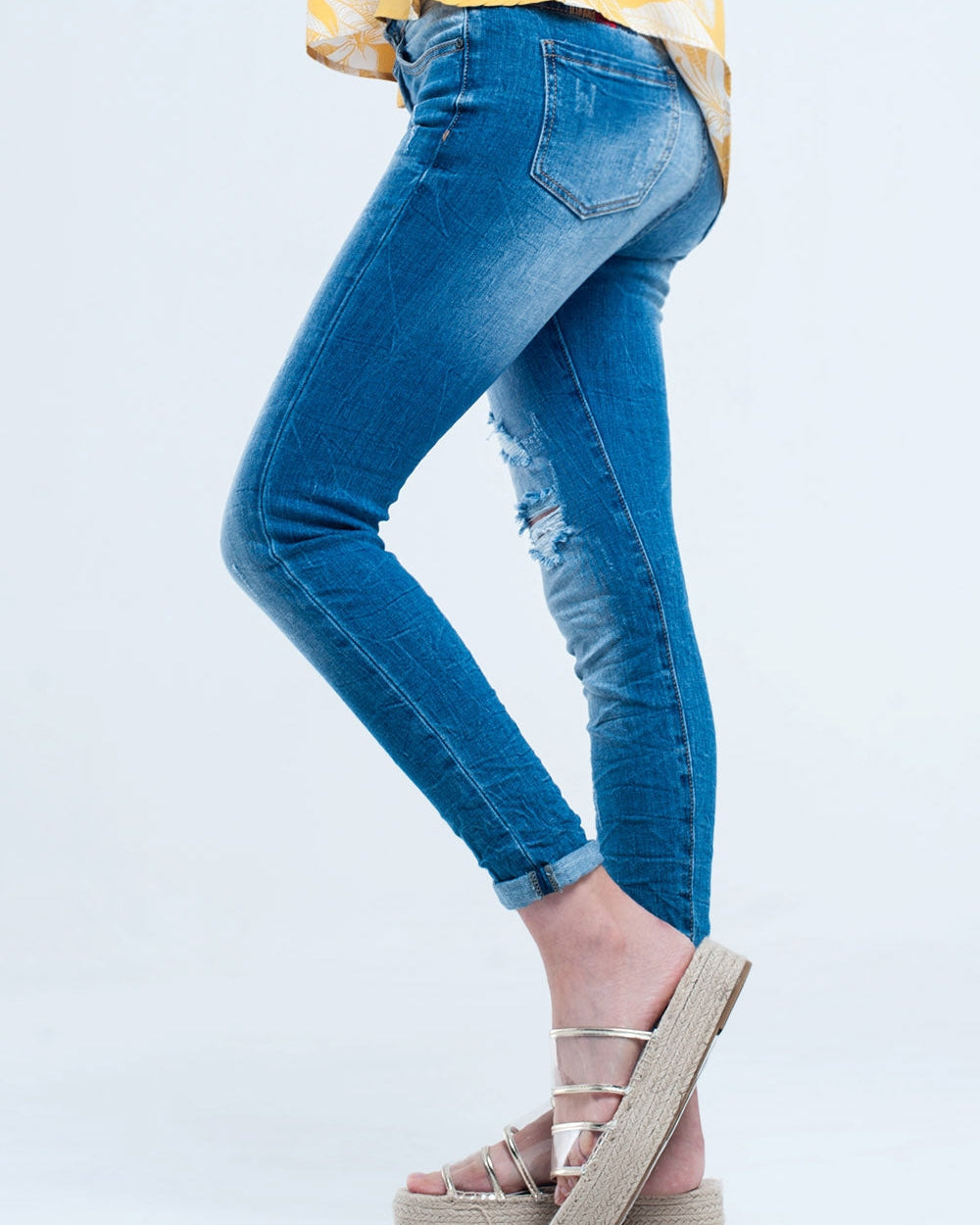Mid Wash Fitted Jeans with Rips