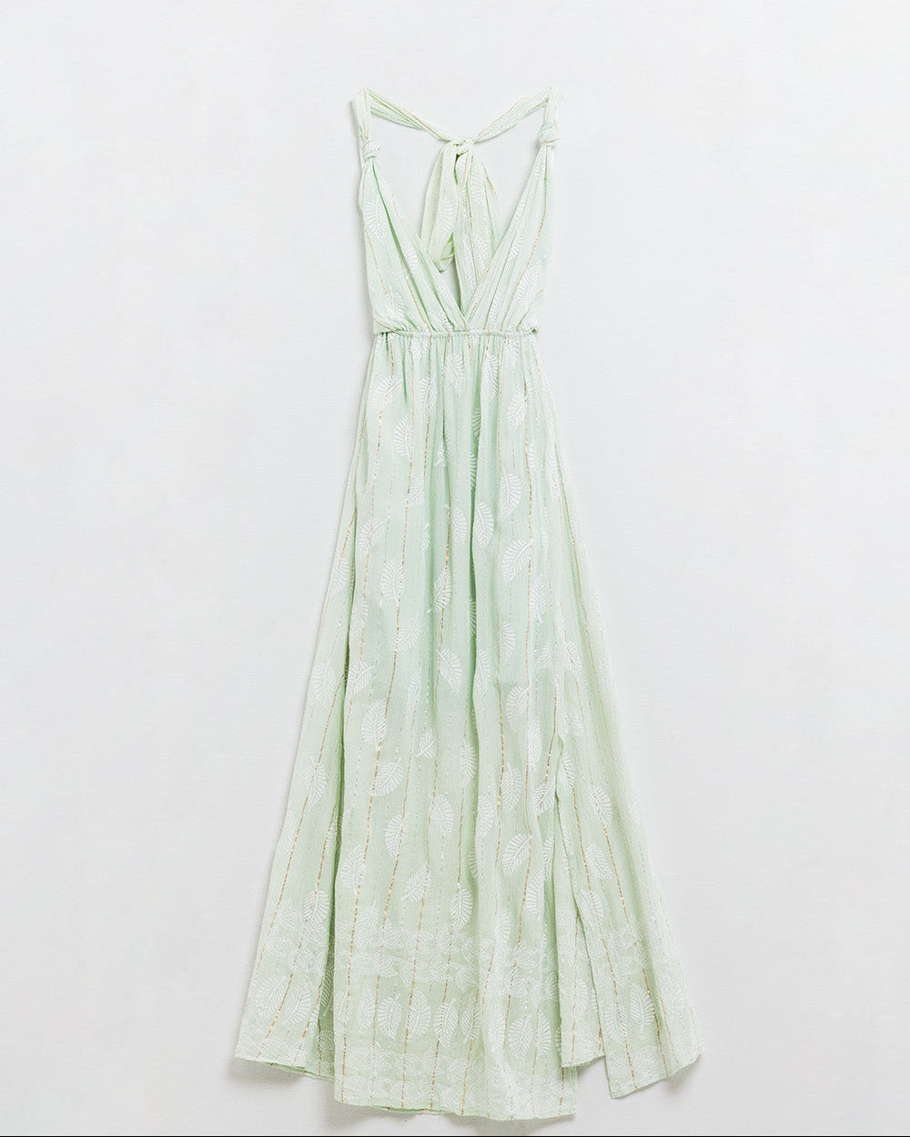 Midi Halter Dress in Mint Leaf Print with Lurex Details