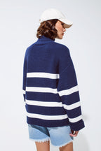 Navy Blue Turtle Neck Sweater in Navy with Stripes