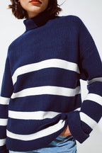 Navy Blue Turtle Neck Sweater in Navy with Stripes