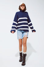 Navy Blue Turtle Neck Sweater in Navy with Stripes