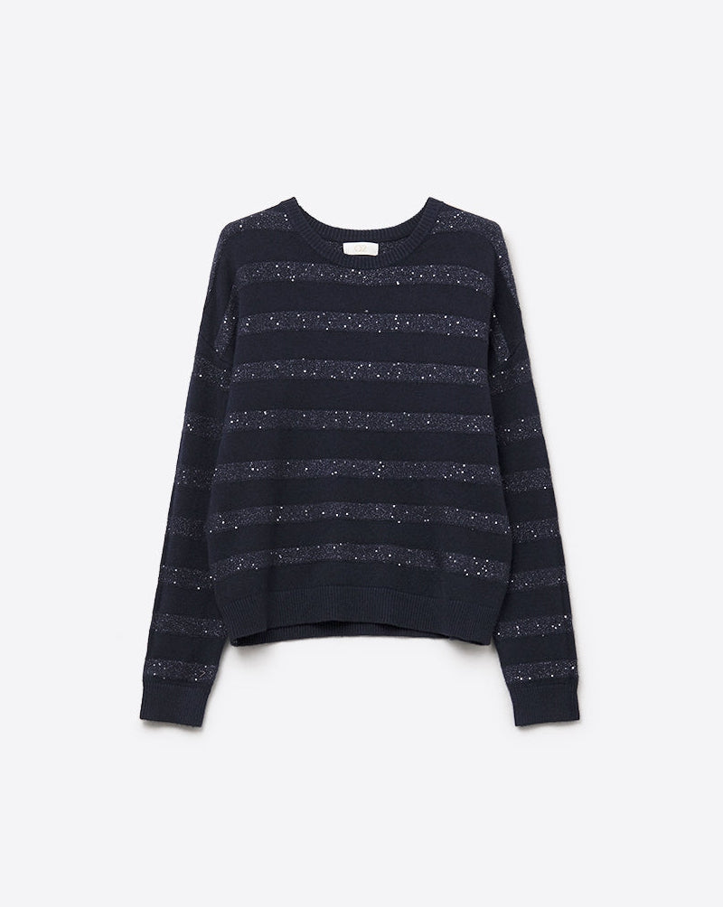 Navy Striped Knit Sweater with Sequin Detail