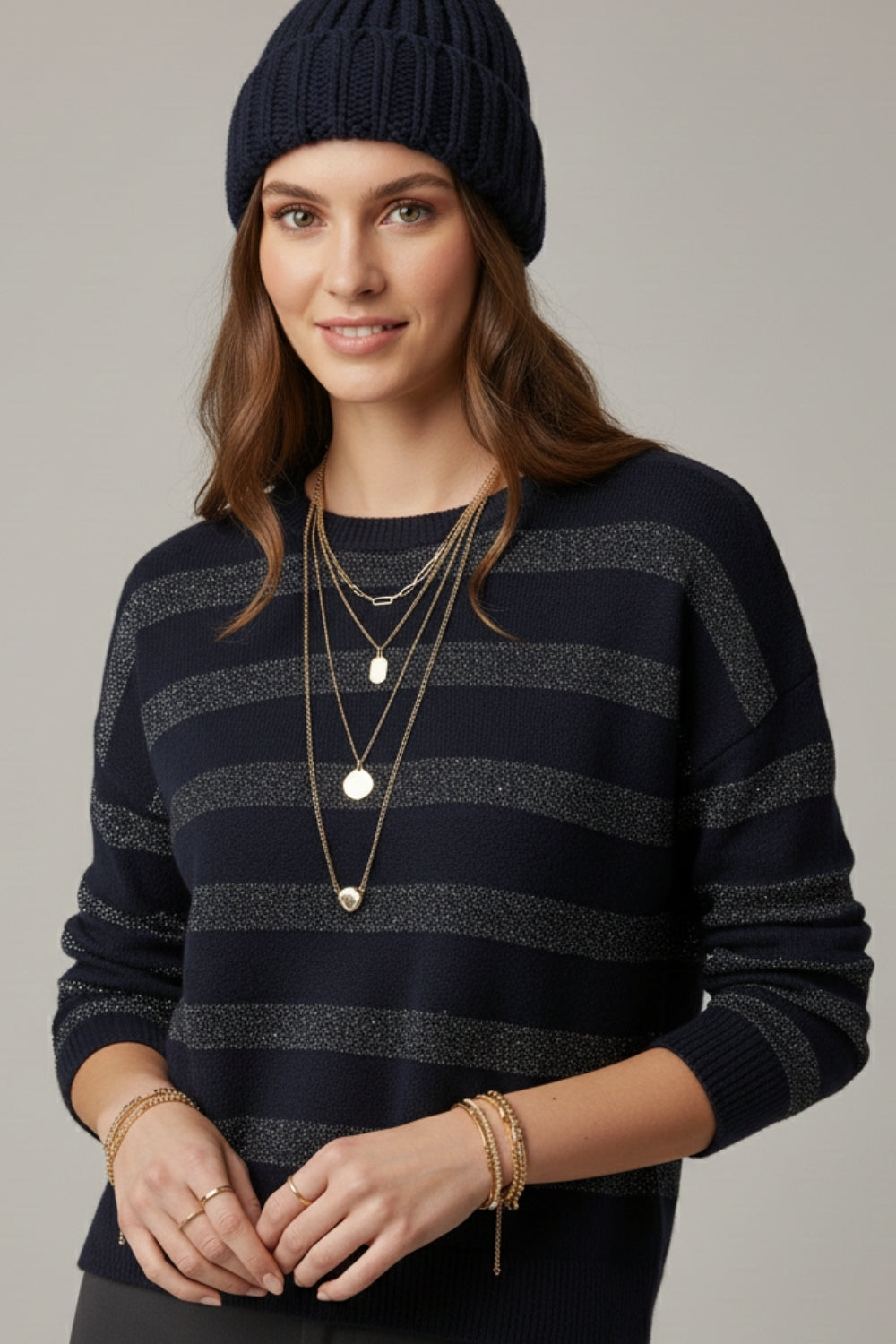 Navy Striped Knit Sweater with Sequin Detail