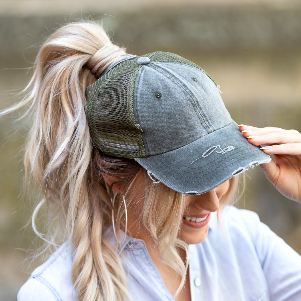Distressed Messy Bun Hat Cap