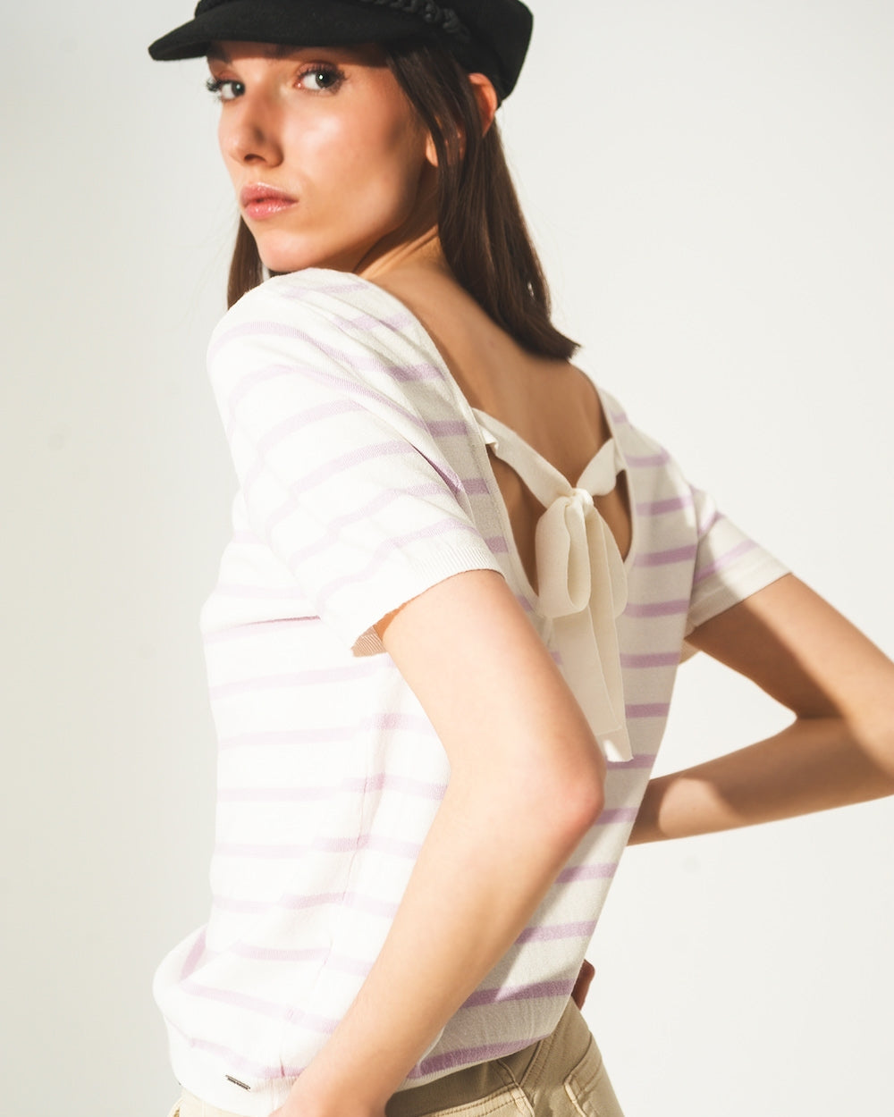 Open Back Lace Up Stripes Jumper in Lilac