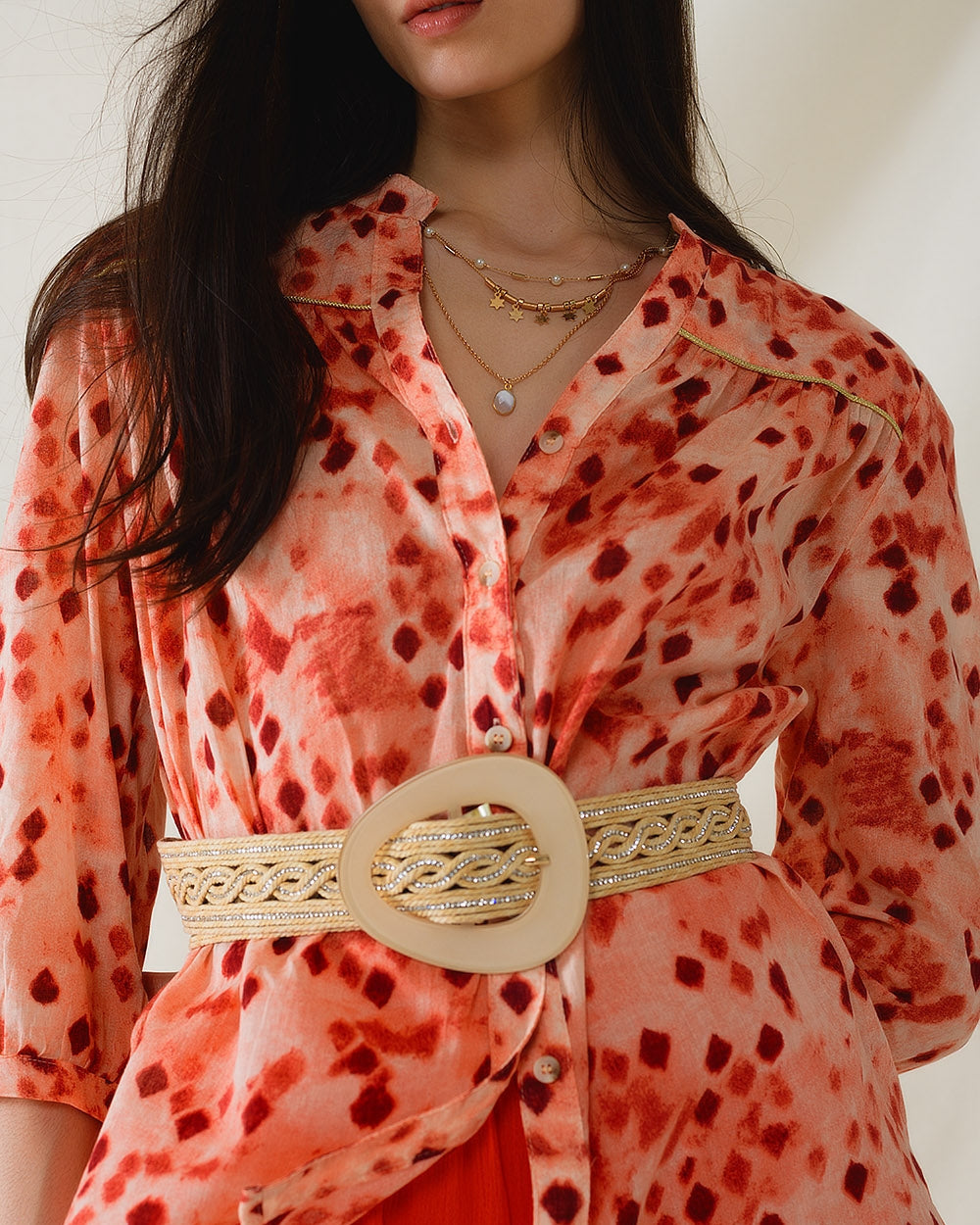 Orange Shirt with Abstract Print and 3/4 Length Sleeves