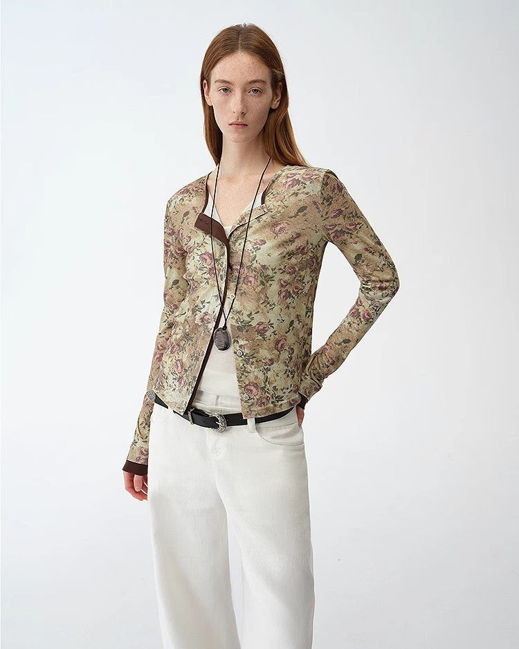 Original Retro Ethnic Print Tencel Merino Wool Blend Shirt "Senna Flower House"