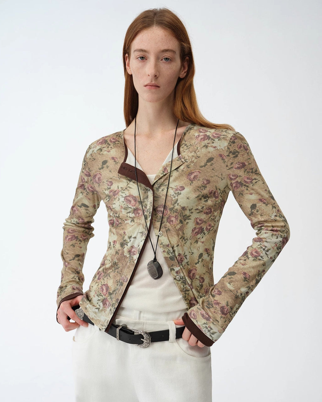 Original Retro Ethnic Print Tencel Merino Wool Blend Shirt "Senna Flower House"