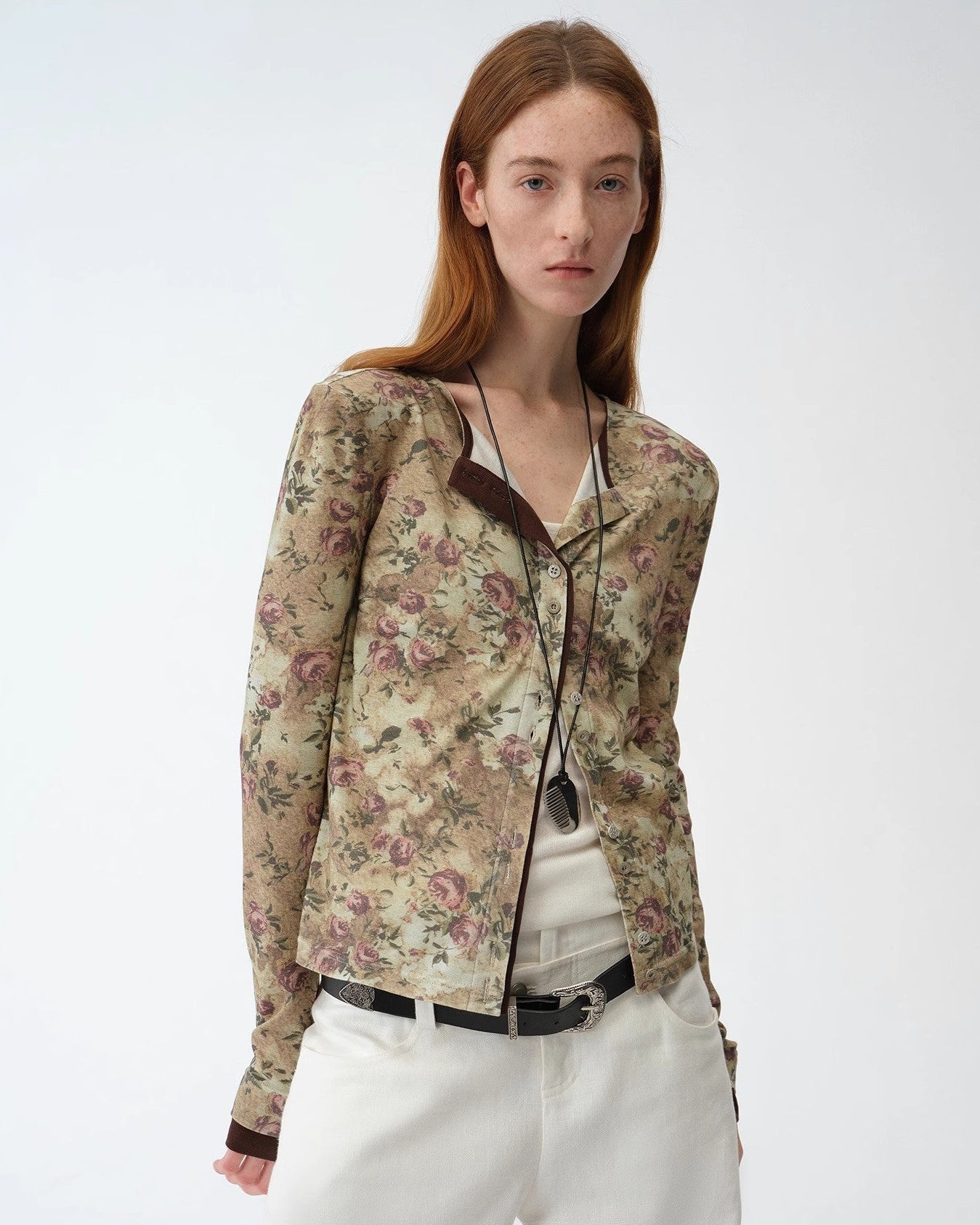 Original Retro Ethnic Print Tencel Merino Wool Blend Shirt "Senna Flower House"