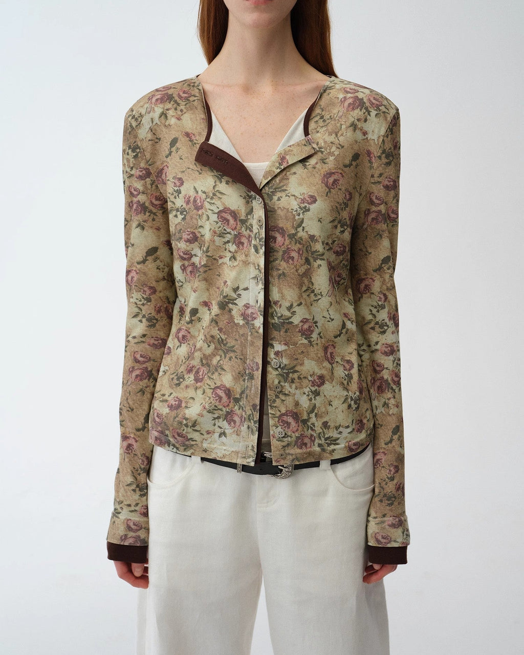 Original Retro Ethnic Print Tencel Merino Wool Blend Shirt "Senna Flower House"