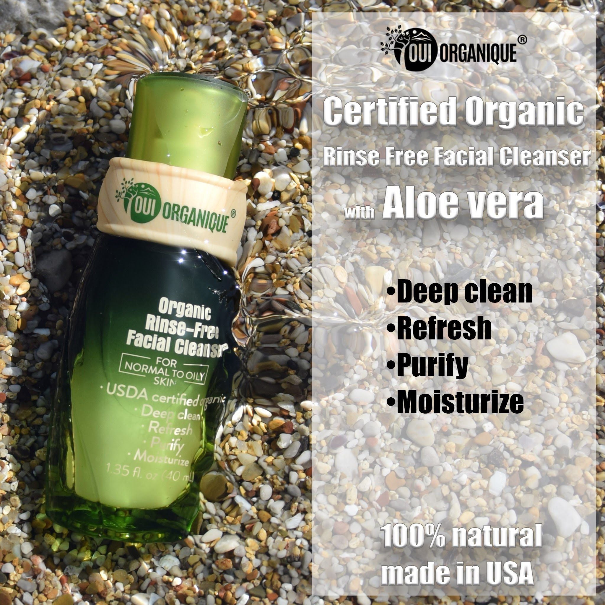 Certified Organic Rinse Free Facial Cleanser | Aloe Vera All-in-One Skin Freshener All Skin Types
