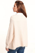 Oversized Fluffy Knit Open Cardigan in White with Rib at Them and Cuffs
