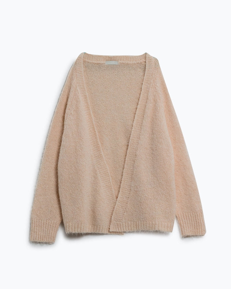 Oversized Fluffy Knit Open Cardigan in White with Rib at Them and Cuffs
