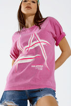 Oversized Fuchsia T-Shirt Printed LA Los Angeles in White and Fuchsia