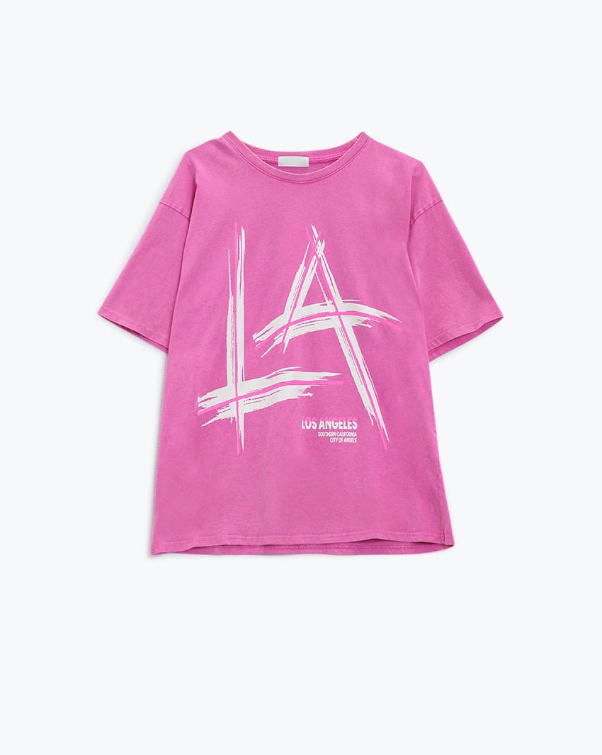 Oversized Fuchsia T-Shirt Printed LA Los Angeles in White and Fuchsia