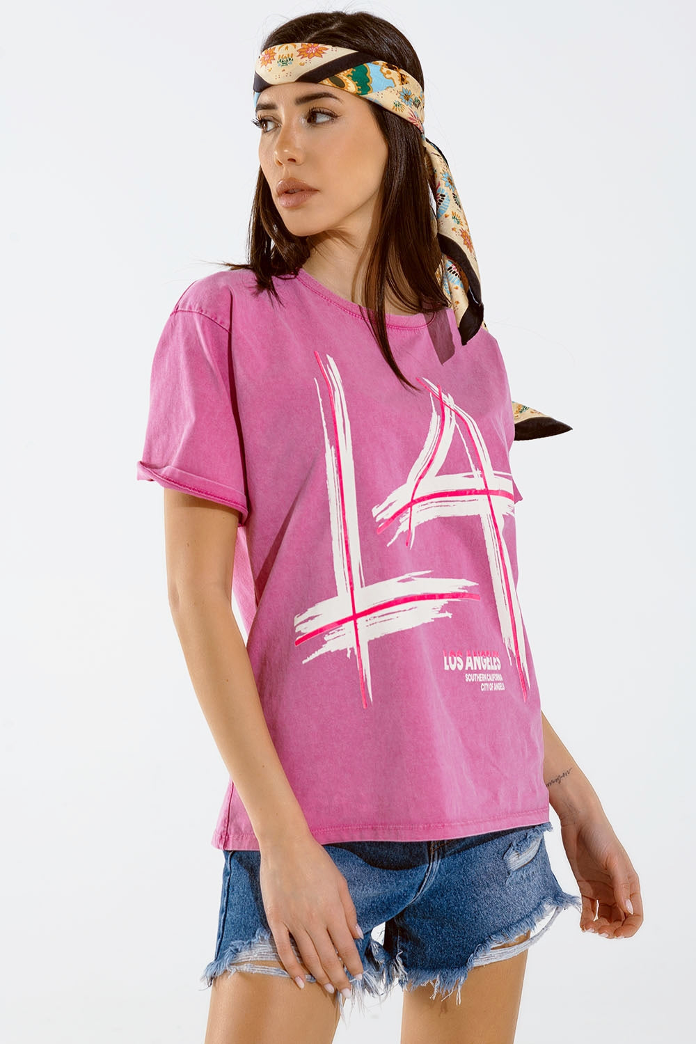 Oversized Fuchsia T-Shirt Printed LA Los Angeles in White and Fuchsia