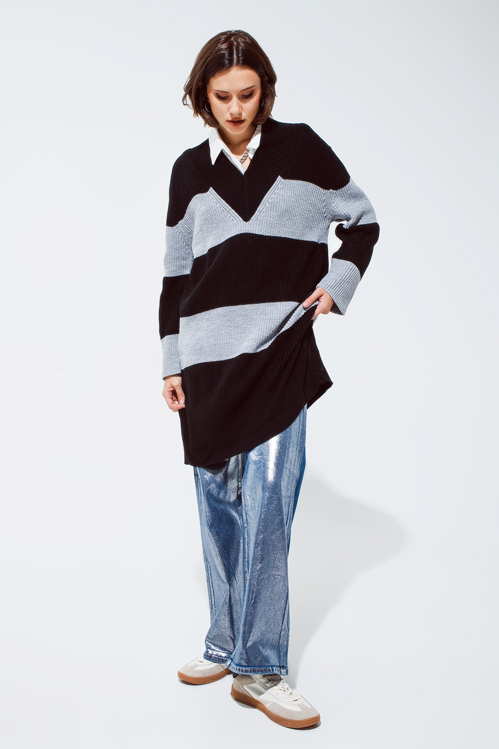 Oversized Midi Knitted Dress with Stripes and a Wide V-Neck