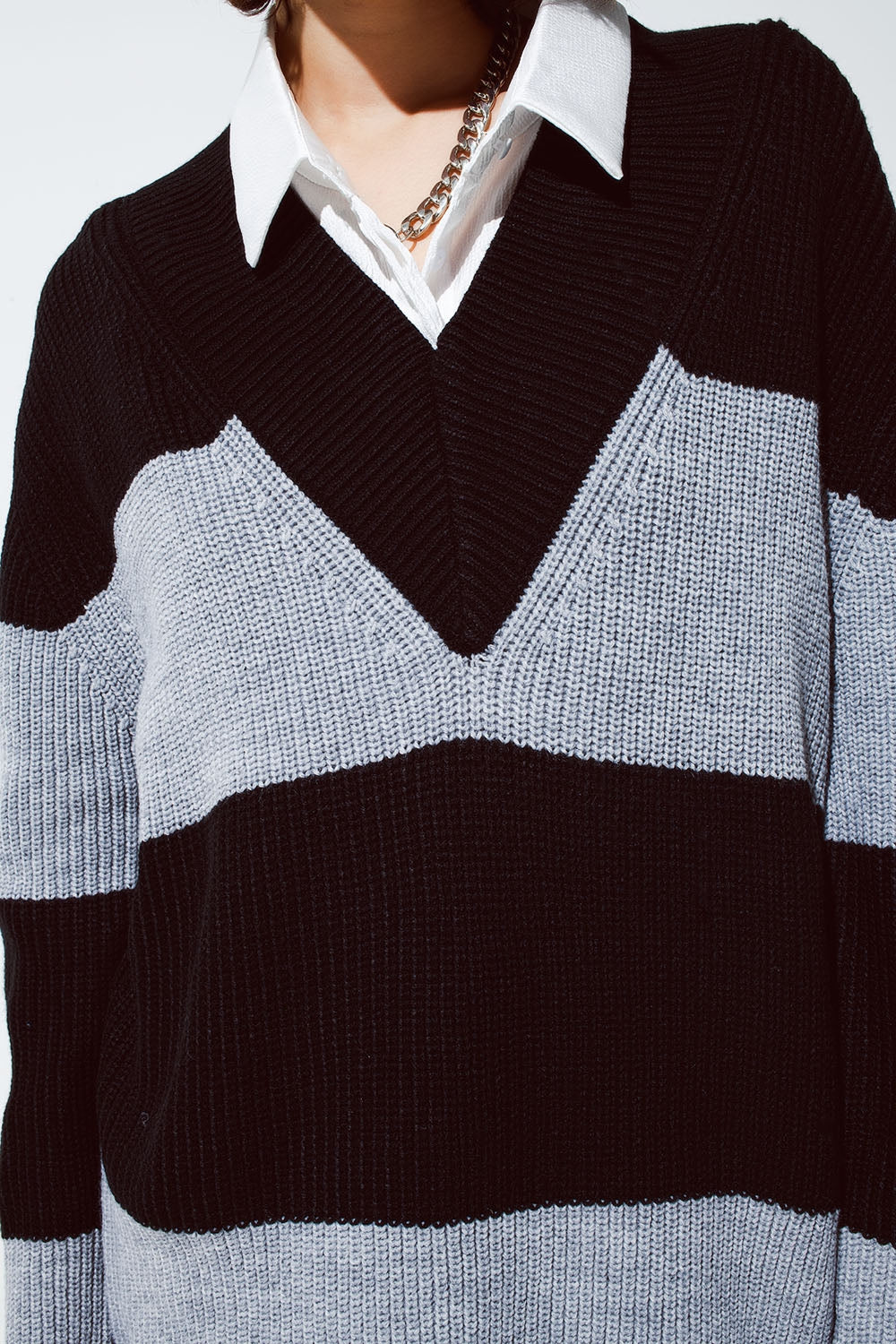 Oversized Midi Knitted Dress with Stripes and a Wide V-Neck