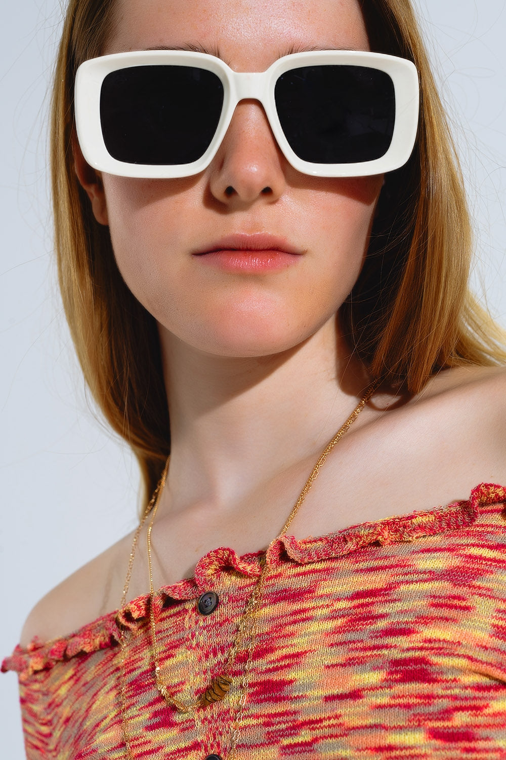 Oversized Rectangular Sunglasses with Wide Frame in White