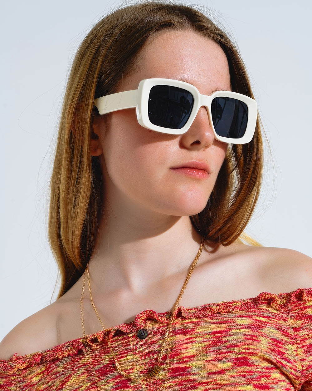 Oversized Rectangular Sunglasses with Wide Frame in White