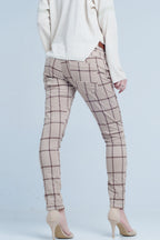 Pants in Beige Check with Button