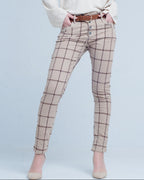 Pants in Beige Check with Button