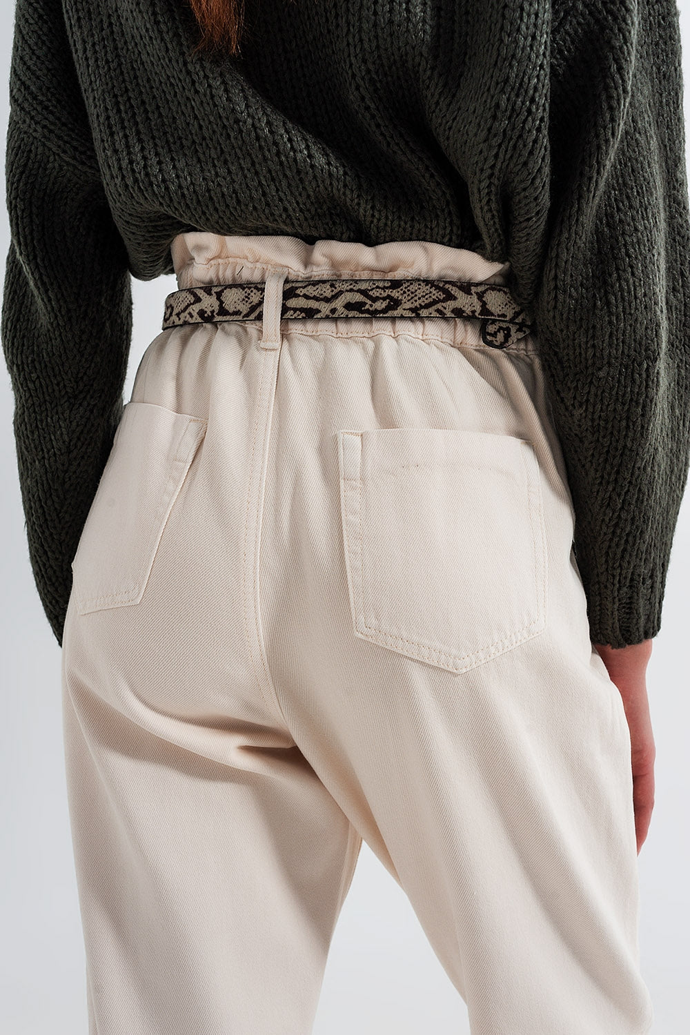 Paperbag Waist Straight Leg Jeans in Cream