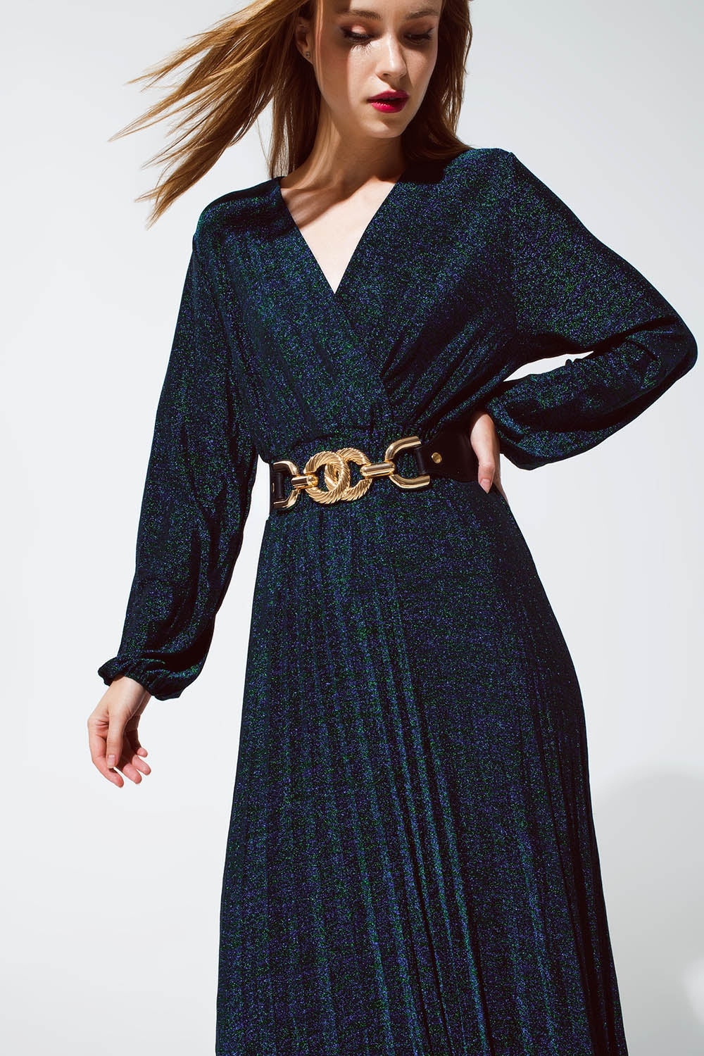 Party Long Sleeve Maxi Dress with Glitter in Green